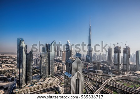 Dubai skyline with futuristic architecture, United Arab Emirates