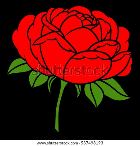 Flowers roses, red buds and green leaves. Isolated on black background. Vector illustration.