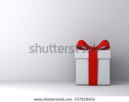 Gift box with red ribbon bow and empty white wall background abstract. 3D rendering.