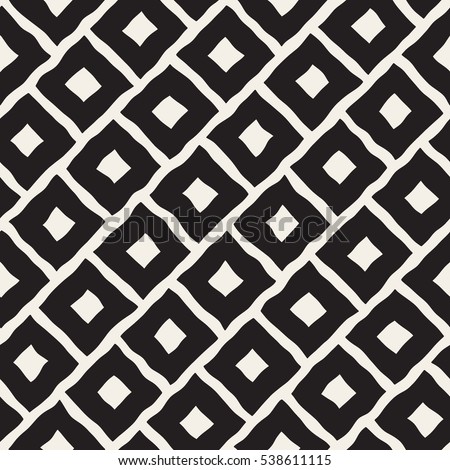 Vector Seamless Black and White Hand Drawn Rhombus Lines Pattern. Abstract Freehand Background Design.