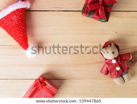 Christmas decoration with wooden table backgrounds for copy space top views
