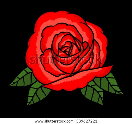 Flower rose, red bud and green leaves. Isolated on black background. Vector illustration.
