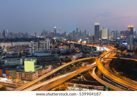 Bangkok Highway interchanged with city downtown background, Thailand
