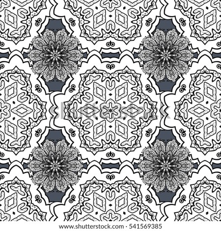 Seamless floral doodle background pattern in raster. Design asian, ethnic, tribal pattern. Black and white background. New Year, Christmas, Snowflake.