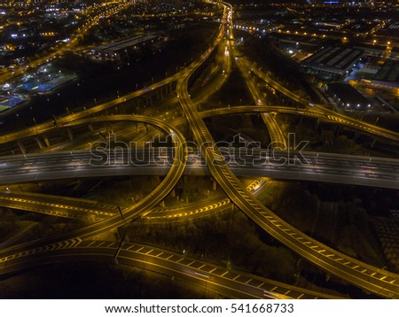 Aerial view of Spaghetti junction at night, UK.