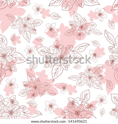 Apple flower blossom hand drawn isolated on white background, seamless vector floral pattern, pink sakura outline art for greeting card, package design cosmetic, wedding invitation, wallpaper beauty
