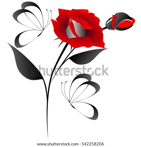 Red rose with butterflies, design element.