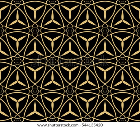 seamless geometry flower pattern. Arabesque. abstract raster illustration. gold on black. for design invitation, background, wallpaper