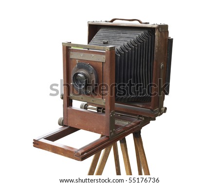 Antique wood view camera and tripod. Isolated with work path. Dust, dings, and wear intact.