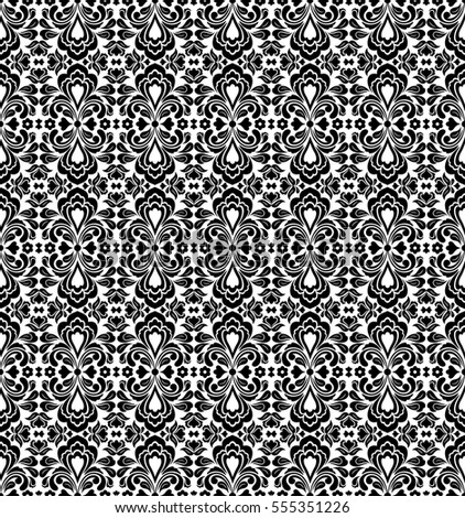 Seamless white background with black pattern in baroque style. Vector retro illustration.  Ideal for printing on fabric or paper.