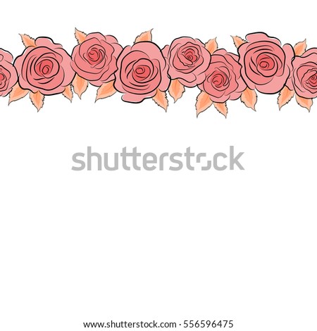 Vector pink and orange rose flowers horizontal seamless pattern with copy space (place for your text).