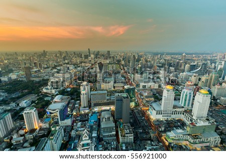 Top view Bangkok city central business downtown with sunset skyline background, Thailand