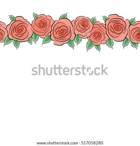 Horizontal trendy seamless Floral Pattern. Green and orange roses with copy space (place for your text).