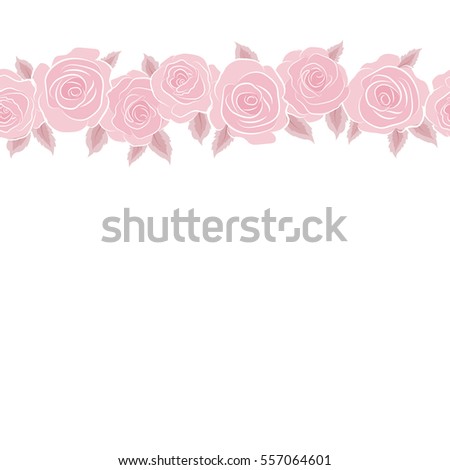 Sketch with pink flowers. Hand drawn. Horizontal seamless rose pattern with copy space (place for your text).