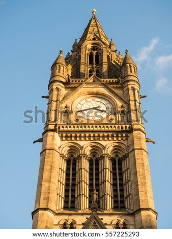 Manchester City Hall with tower - old landmark in North West England (UK).