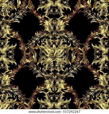 Seamless vintage pattern on black background with golden elements. Christmas, snowflake, new year.