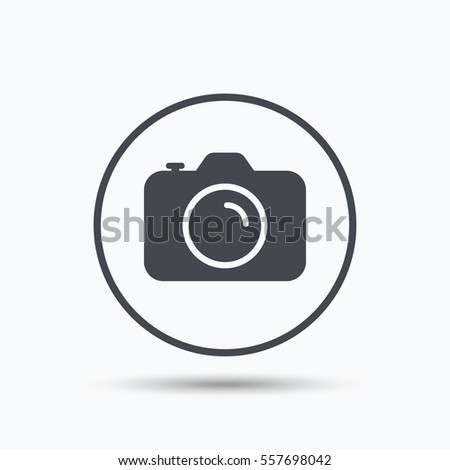 Camera icon. Professional photocamera symbol. Circle button with flat web icon on white background. 
