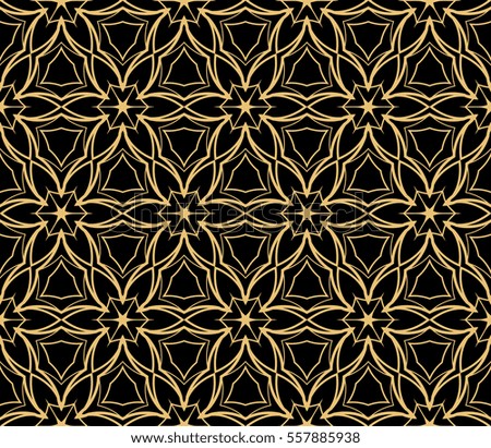Golden floral geometric lace ornament on black background. Seamless vector illustration. For interior design, wallpaper