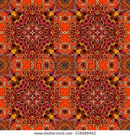 Seamless ethnic pattern in warm tones with red flowers on abstract geometric background. Vector illustration. Print for fabric, wrapping design, greeting card.