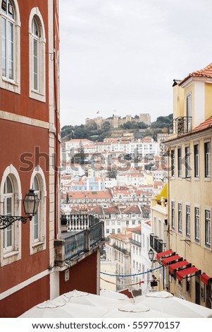 aerial skyline view of narrow streets in Lisbon Portugal