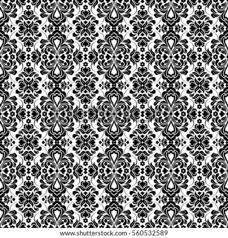 Seamless white background with black pattern in baroque style. Vector retro illustration. Ideal for printing on fabric or paper.