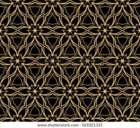 Golden floral geometric lace ornament on black background. Seamless raster copy illustration. For interior design, wallpaper