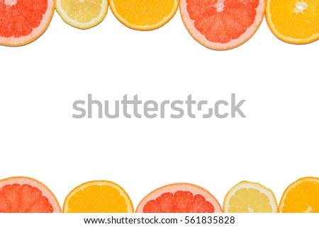 Close up of fresh citrus slices with back light on the white background.