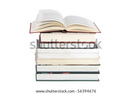 color tower books with open one arranged in stack