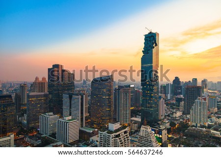 Bangkok cityscape, view from high building on Srinakarin and Silom road in the evening 