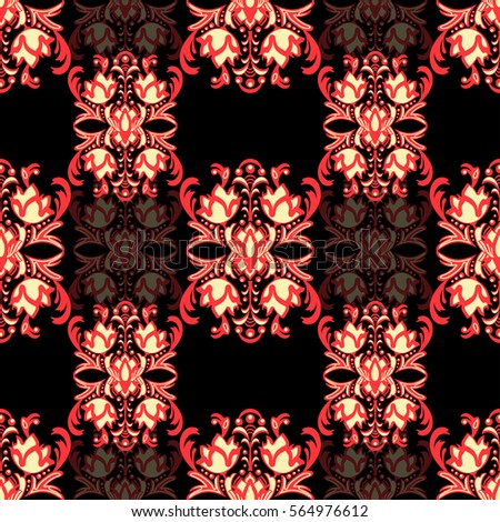 Damask floral seamless pattern with arabesque, multicolor oriental ornament. Abstract traditional decor for backgrounds with natural motifs, wallpaper, fabric design, decoration. Vector ClipArt