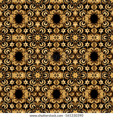 Vintage seamless pattern with gold gradient. Elegant golden invitation card with floral decor of gold ornament and black background.