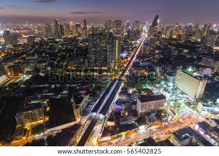 Bangkok twilight, view on the Thog Lor district and the skytrain line