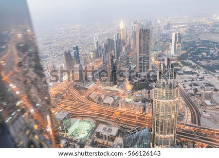 Dubai Downtown night aerial view from high vantage point.