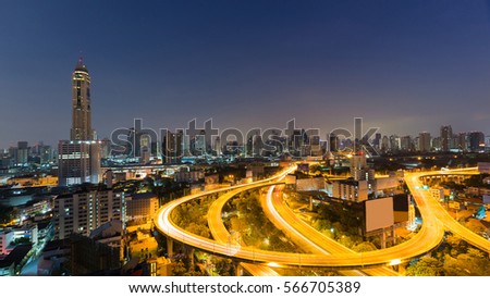 Bangkok city downtown and highway curved night view, Thailand