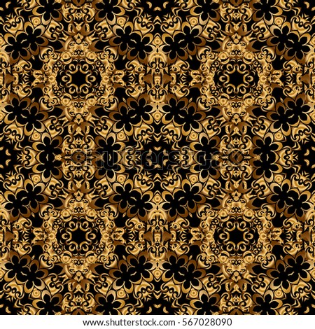 Seamless abstract elements in golden colors on black background. Orient background with golden repeating elements. Damask vector classic golden pattern.