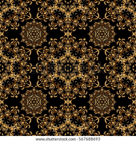 Golden shiny ornament on black background, damask seamless pattern, abstract shapes.