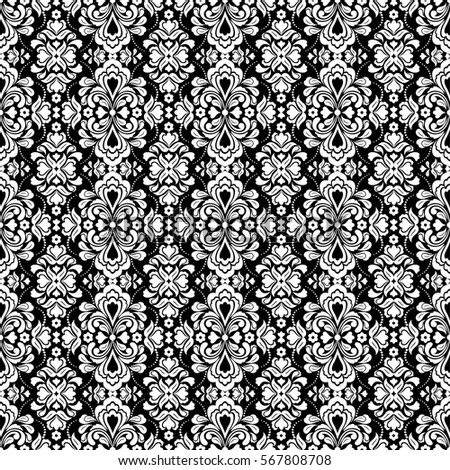 Seamless black background with white pattern in baroque style. Vector retro illustration. Ideal for printing on fabric or paper.