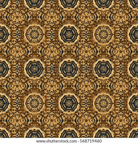 Vector seamless pattern of traditional ornamental background with golden circular mandala, stars and snowflakes elsments on a blue backdrop.