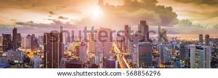Panorama of Sathorn District with Modern Building, Sunset with Bangkok Cityscape (Thailand)
