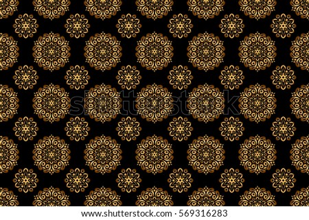 Raster seamless pattern with gold ornament. Golden texture on a black background.