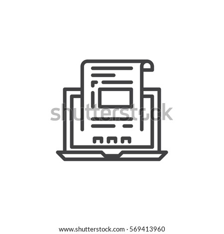 Laptop with document, invoice line icon, outline vector sign, linear pictogram isolated on white. Symbol, logo illustration