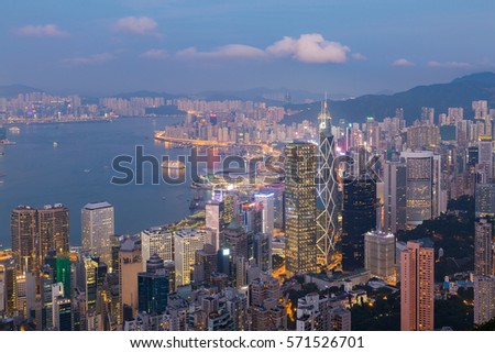 Aerial view Hong Kong city business downtown over Victoria Bay