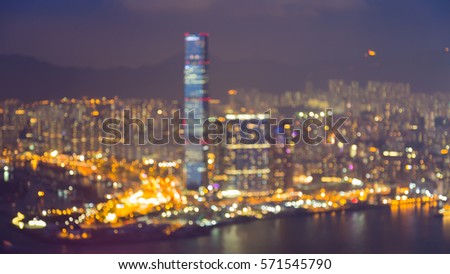 Aerial view blurred bokeh Hong Kong city downtown light, abstract background