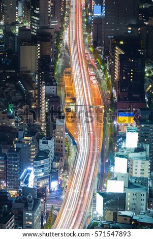 Top view Tokyo city road night view, long exposure, Japan