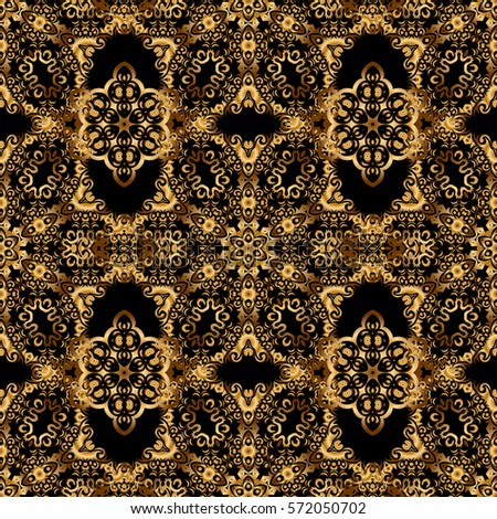 Vintage floral vector ornament. Abstract classic seamless pattern with golden elements on a black background.