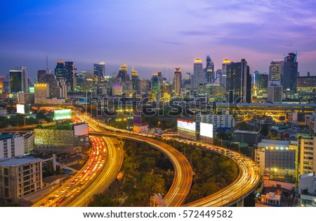 Traffic in modern city at night, Bangkok Thailand