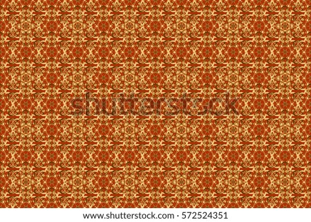For wallpaper, presentation, design, textiles. Raster illustration. Seamless raster image of the elements in gold color on brown background.