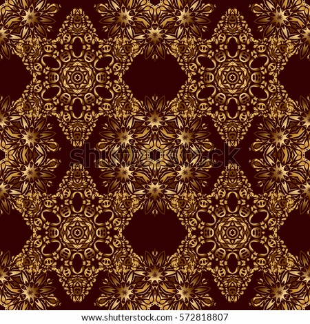 Islamic vector design. Seamless pattern oriental ornament. Brown and golden vintage textile print. Gold tiles with floral motif.