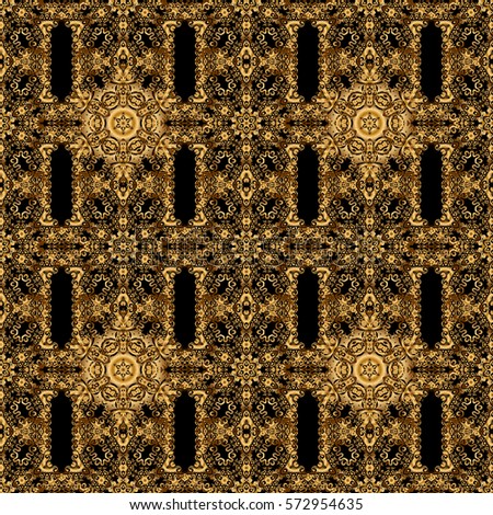 Abstract seamless pattern with golden ornaments on a black backdrop. Vintage design with gold ornaments.