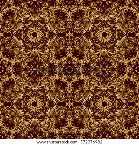 Greed and vignette for design. Golden floral seamless pattern. Ornate decor for invitations, greeting cards, thank you message. Elements in Victorian style on a brown backdrop.